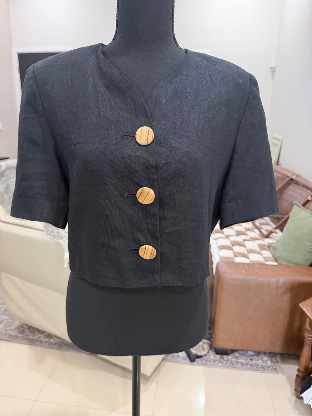Black Cropped Button-Front Shirt with Wood Buttons